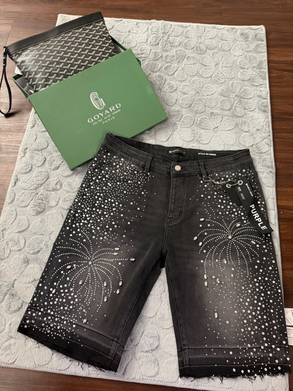 Purple Brand Black Studded Jean Shorts with Firework Design